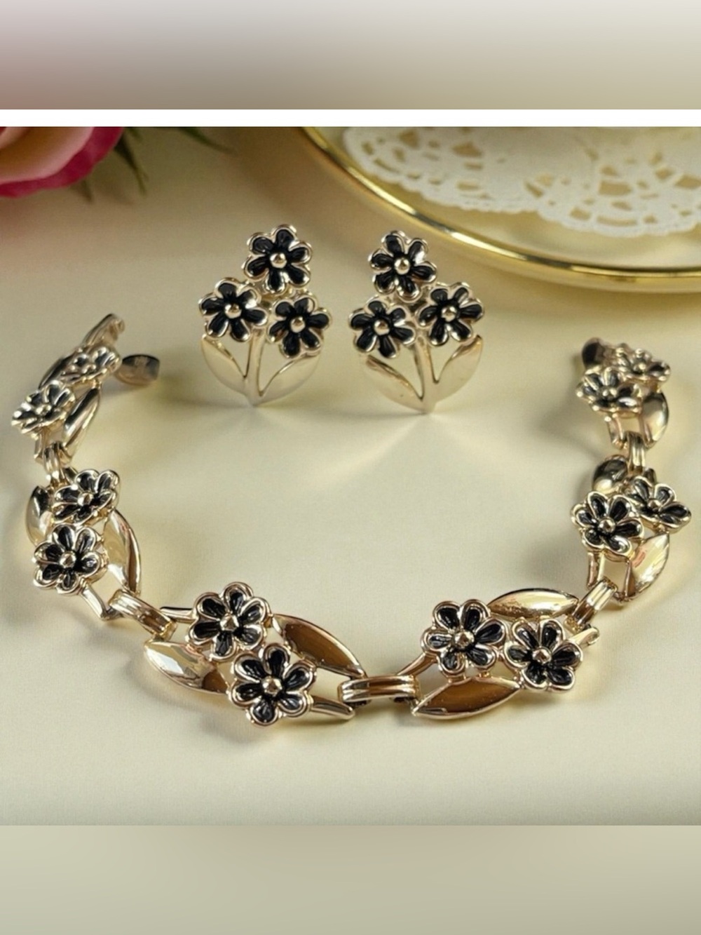 Signed Judy Lee Black Enamel Gold-Tone Earrings & Bracelet Set